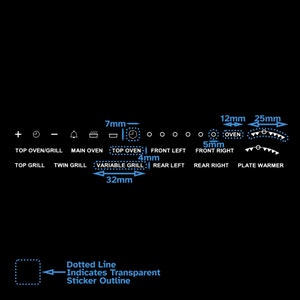 May include: Diagram showing the dimensions of a kitchen appliance control panel. The panel has buttons for top oven/grill, main oven, top oven, front left, front right, rear left, rear right, and plate warmer. The dimensions are shown in millimeters.