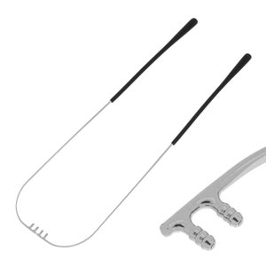 May include: Two dental tongue scrapers with black handles and a silver-colored metal frame. One scraper is fully visible, while the other is partially visible. The scrapers are designed to clean the tongue and improve oral hygiene.