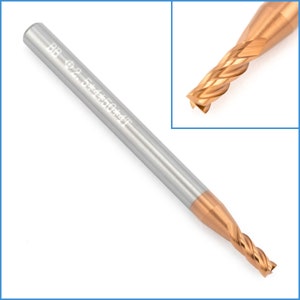 May include: A gold-colored end mill with a silver shank. The end mill has four flutes and a 90-degree tip angle. The shank is marked with the text "BB Ø2.5x4x50x4F".