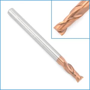 May include: A close-up of a brown and silver end mill with a 4 flute design. The end mill is a cutting tool used in machining.