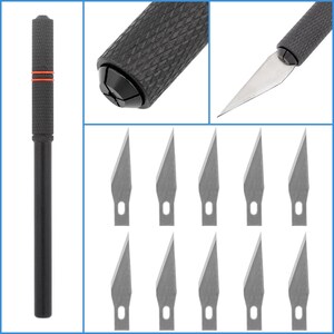 May include: A set of 12 black and silver craft knives with replaceable blades. The blades are sharp and pointed, and the handles are comfortable to grip. The knives come in a black case with a red stripe.