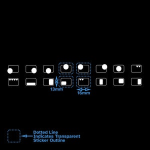 May include: Diagram showing different sticker shapes and sizes. The diagram includes a dotted line to indicate a transparent sticker outline. The sticker sizes are 13mm and 16mm.