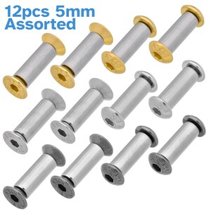 May include: Twelve 5mm assorted metal screws with a hexagonal head and a flat base. The screws are silver, gold, and black.