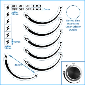 6 pièces, 1/3 troisième flamme, cuisinière à gaz dans le sens des aiguilles d'une montre, étiquette auto-adhésive, impression noire, fond transparent, bouton de cadran, interrupteur, autocollant de remplacement