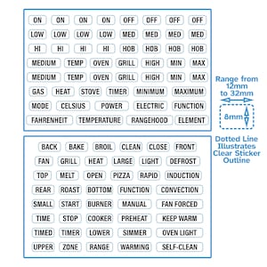 96 peças Letras de texto preto Combinado Funções principais e operacionais Forno Fogão Etiqueta Adesivos para Hob Dial Knob Interruptor Hi Lo Timer Ligar Desligar Gás