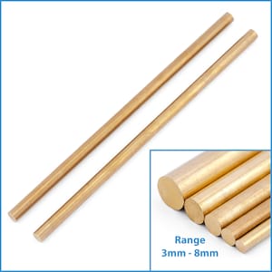 May include: Two gold-colored brass rods, each about 12 inches long. The rods are smooth and have a slightly shiny finish. A close-up image shows a range of brass rods with diameters from 3mm to 8mm.
