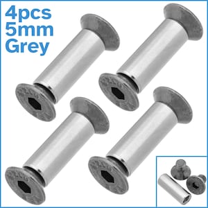 May include: Four grey 5mm screw-in standoffs. The standoffs have a hexagonal head and a cylindrical body.