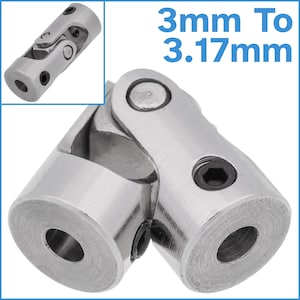 May include: A silver metal coupling with a 3mm to 3.17mm shaft size. The coupling is designed to connect two shafts at a 90-degree angle.