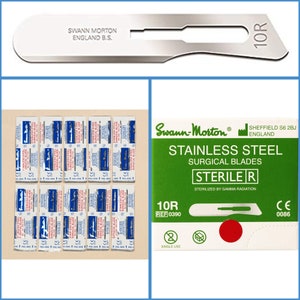 10 lames de scalpel stériles scellées en acier inoxydable Swann Morton 10R, coupe artisanale à la cire - Convient pour les manches n° 3, 5, 7, 9