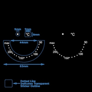 Może przedstawiać: Diagram przedstawiający wymiary naklejki z wskaźnikiem temperatury. Naklejka ma 63 mm szerokości i 44 mm wysokości. Wskaźnik ma kształt półkola z przerywaną linią obrysową. Wskaźnik ma oznaczenia dla 50, 100, 150 i 200 stopni Celsjusza. Tekst "max" jest wyświetlany na górze wskaźnika. Naklejka jest zaprojektowana tak, aby była przezroczysta.