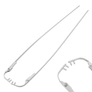May include: A pair of silver surgical forceps with a hinged handle and a pointed tip. The forceps are open and ready to use.