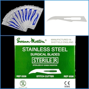 May include: A pack of 10 sterile stainless steel surgical blades labelled "Swann-Morton®" and "STERILE R". The blades are individually packaged in clear plastic and labelled "REF 0326" and "STITCH CUTTER". The packaging also includes the text "MANUFACTURED IN SHEFFIELD ENGLAND" and "STERILIZED BY GAMMA RADIATION".