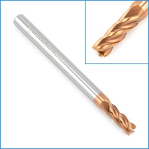 May include: A close-up of a silver and gold end mill with four flutes. The end mill has a 1/4 inch shank and is made of high-speed steel. The end mill is used for cutting metal.