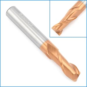 May include: A close-up of a gold-colored end mill with a silver shank. The end mill has a spiral flute design and is marked with the text "Ø8*60*2T".