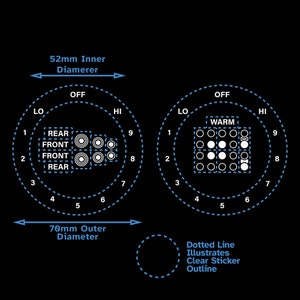 Op de afbeelding: Diagram dat de plaatsing van een transparante sticker op een rond oppervlak toont. De sticker heeft een raster van 9 cirkels met een witte stip in het midden van elke cirkel. De sticker heeft een diameter van 52 mm en wordt omgeven door een cirkel met een buitendiameter van 70 mm. De tekst "WARM" is op de sticker gedrukt.