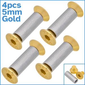 May include: Four gold-colored 5mm screws with a silver body. The screws have a hexagonal head and a flat washer.