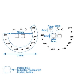 May include: A diagram showing the dimensions of a round oven temperature dial with markings for both Fahrenheit and Celsius. The dial has a diameter of 71 mm and is marked with numbers from 200 to 500 degrees. The dial also has a dotted line around the edge, indicating the outline of a transparent sticker.