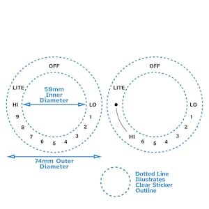 May include: Diagram showing the size of a clear sticker with a 50mm inner diameter and a 74mm outer diameter. The sticker is represented by a dotted line circle. The diagram also shows the placement of the sticker on a surface, with the text "LITE", "HI", "LO", and "OFF" indicating the placement of the sticker.