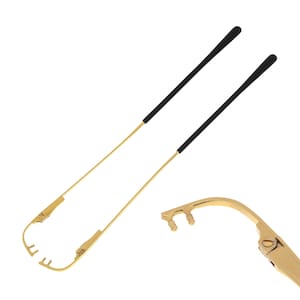 Könnte beinhalten: Goldfarbene Metall-Brillengläser mit schwarzen Gummibügeln. Die Bügel sind so konzipiert, dass sie leicht an Brillen befestigt werden können.