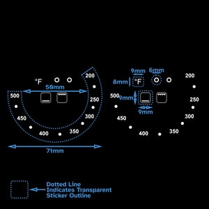 Op de afbeelding: Een diagram dat de afmetingen van een ronde oventemperatuurknop met markeringen voor Fahrenheit en Celsius laat zien. De knop heeft een diameter van 71 mm en een stippellijn die de omtrek van een transparante sticker aangeeft. De sticker heeft een diameter van 50 mm en bevat twee pictogrammen voor oveninstellingen.