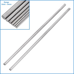May include: Two silver metal rods, each approximately 12 inches long. The rods are smooth and have a slightly rounded end. The image also shows a close-up of a set of five silver metal rods of varying diameters, ranging from 2mm to 8mm.