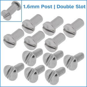 May include: A collection of silver-colored 1.6mm post double slot screws. The image shows several screws with a flat head and a slotted design, suitable for various fastening applications. The text "1.6mm Post | Double Slot" is displayed at the top.