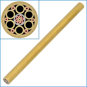 May include: A close-up of a brass pen blank with a cross-section revealing a multi-layered pattern of concentric circles in gold, copper, and silver.