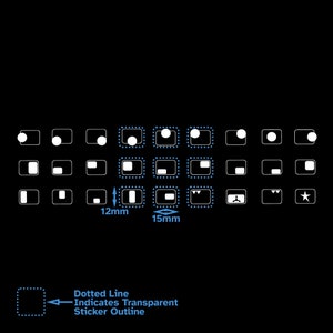 Op de afbeelding: Een grafiek die verschillende vormen en maten stickers laat zien. De grafiek bevat cirkels, vierkanten, rechthoeken en andere vormen. De grafiek bevat ook stippellijnen om transparante sticker contouren aan te geven. De grafiek toont twee maten: 12 mm en 15 mm.