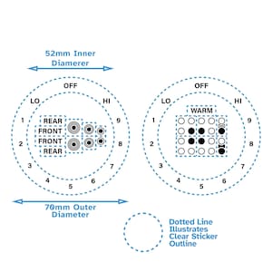 Op de afbeelding: Diagram dat de plaatsing van transparante en zwarte stickers op een rond oppervlak laat zien. Het oppervlak heeft een binnendiameter van 52 mm en een buitendiameter van 70 mm. De stickers zijn in een rasterpatroon gerangschikt met de woorden "FRONT" en "REAR" erop gedrukt. Het diagram toont ook de woorden "OFF" en "WARM" op het oppervlak.