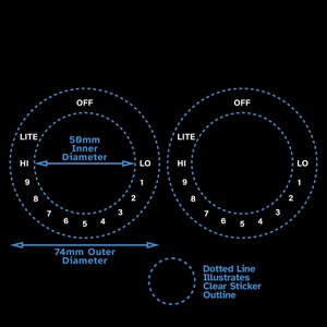 Peut inclure: Un schéma montrant les dimensions d'un autocollant rond avec un diamètre intérieur de 50 mm et un diamètre extérieur de 74 mm. L'autocollant a un contour clair et une ligne pointillée autour du bord. L'autocollant a les chiffres de 1 à 9 sur le bord extérieur et les mots "LITE", "HI", "LO" et "OFF" sur le bord intérieur.