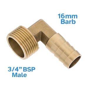 Può includere: Raccordo a gomito in ottone da 3/4 di pollice BSP maschio a 16 mm barb. Il raccordo è in ottone e ha una filettatura maschio BSP da 3/4 di pollice su un'estremità e un barb da 16 mm sull'altra estremità.