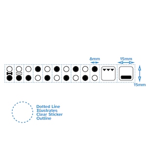 May include: A black and white braille pattern with a dotted line outline. The pattern includes 10 circles, 2 triangles, and a rectangle. The text "Dotted Line Illustrates Clear Sticker Outline" is below the pattern.