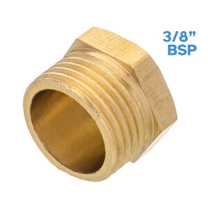 May include: A brass 3/8 inch BSP male pipe fitting. The fitting has a hexagonal shape and is designed for connecting pipes.
