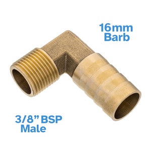 May include: Brass 3/8 inch BSP male to 16mm barb 90 degree elbow fitting.