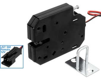 May include: Black electric door lock with a silver latch and a red and black wire connector. The connector is labeled "JST SM Female 12V".