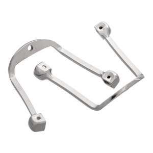 May include: Silver metal bike rack with three curved arms. The rack is designed to hold a bicycle.