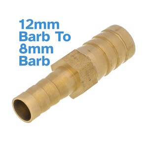 May include: A brass 12mm to 8mm barb hose connector. The connector is made of brass and has a gold finish. It is used to connect hoses of different sizes.