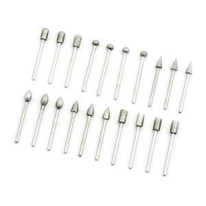 May include: A set of 20 silver diamond-tipped rotary tool bits with various shapes, including round, pointed, and cylindrical.