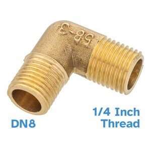 May include: A brass 1/4 inch threaded elbow fitting. The fitting is a 90-degree angle and has a DN8 size.