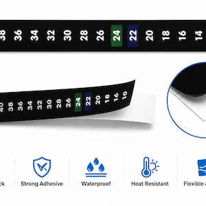 May include: A black adhesive liquid crystal thermometer strip with white temperature markings from 10 to 40 degrees Celsius. The strip features a peel-off backing to reveal a strong adhesive layer, and includes icons for peel and stick, waterproof, heat resistant, and flexible properties.