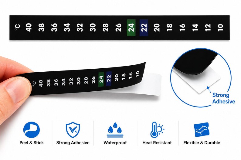 May include: A black adhesive liquid crystal thermometer strip with white temperature markings from 10 to 40 degrees Celsius. The strip features a peel-off backing to reveal a strong adhesive layer, and includes icons for peel and stick, waterproof, heat resistant, and flexible properties.