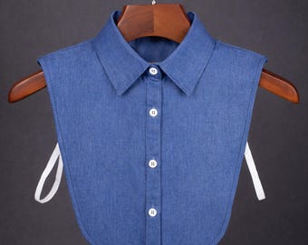 Blue Denim False Classic Cotton Collar Design For Women Girls Ladies Collared Button Shirt Classical Oxford Bust Blouse Pointed Style Jumper