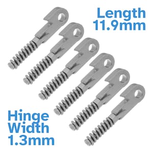 May include: Five silver-colored metal spring hinges arranged diagonally. Each hinge features a coiled spring section and a flat head with a circular hole. Text on the image indicates a length of 11.9mm and a hinge width of 1.3mm.