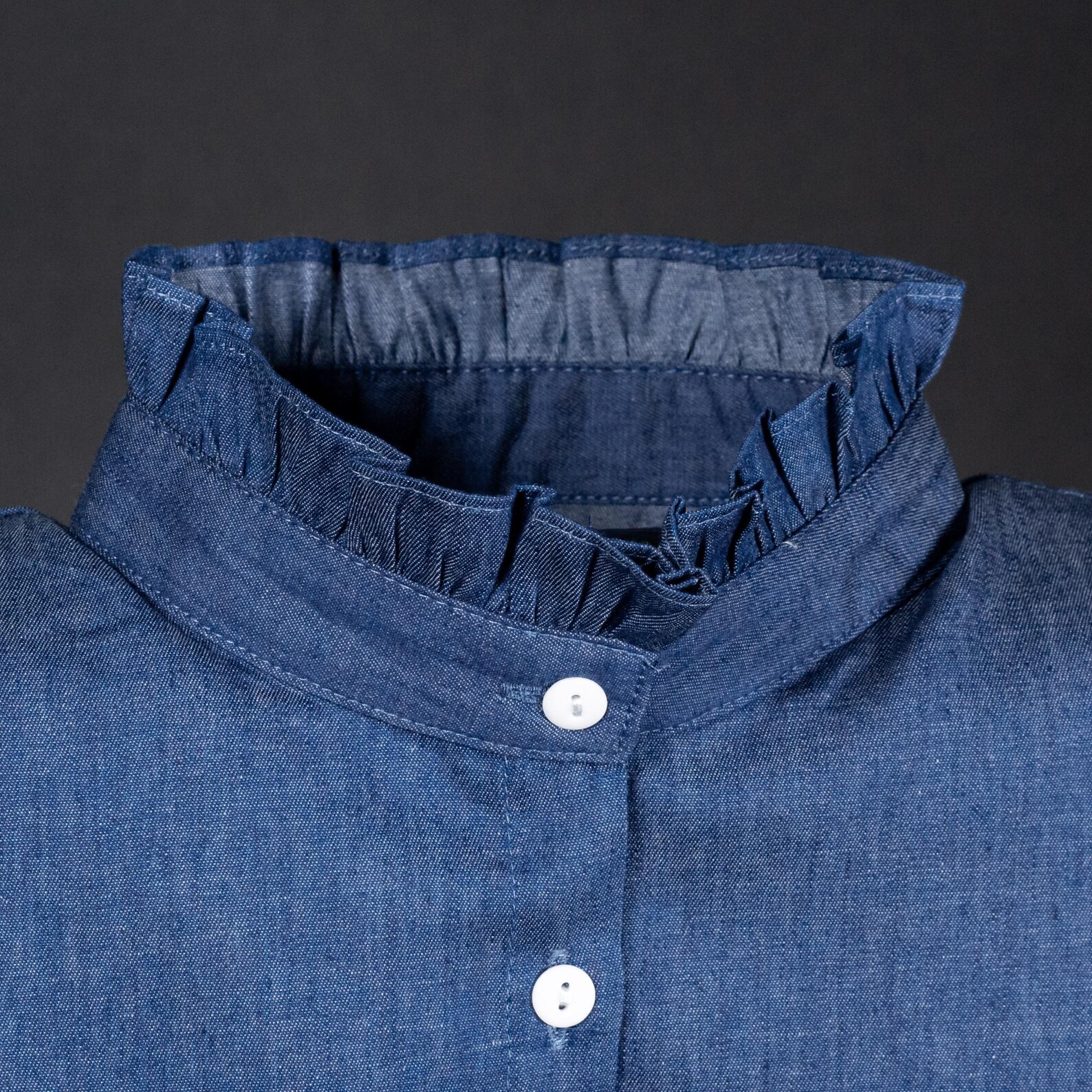 Blue Denim Ruffle Classic Cotton False Upright Collar Design for Women ...