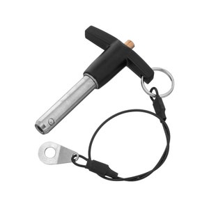 May include: A black and silver quick release pin with a T-shaped handle and a black cord with a metal ring.