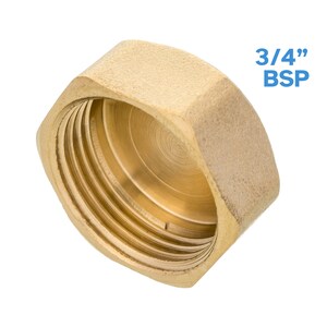 May include: A brass 3/4 inch BSP pipe cap. The cap is hexagonal and has a smooth, shiny finish.