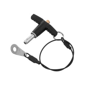May include: A black T-handle pin with a silver metal pin and a black cord with a metal ring. The pin is attached to the cord with a black plastic piece.