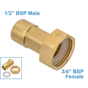 May include: Brass plumbing adapter with 1/2 inch BSP male threads on one end and 3/4 inch BSP female threads on the other end.