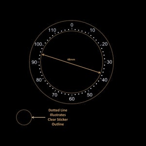 Può includere: Un'illustrazione in bianco e nero di un goniometro circolare con una linea tratteggiata e una freccia che punta a 40 gradi. Il goniometro ha un diametro di 48 mm. Il testo "Dotted Line Illustrates Clear Sticker Outline" si trova sotto il goniometro.