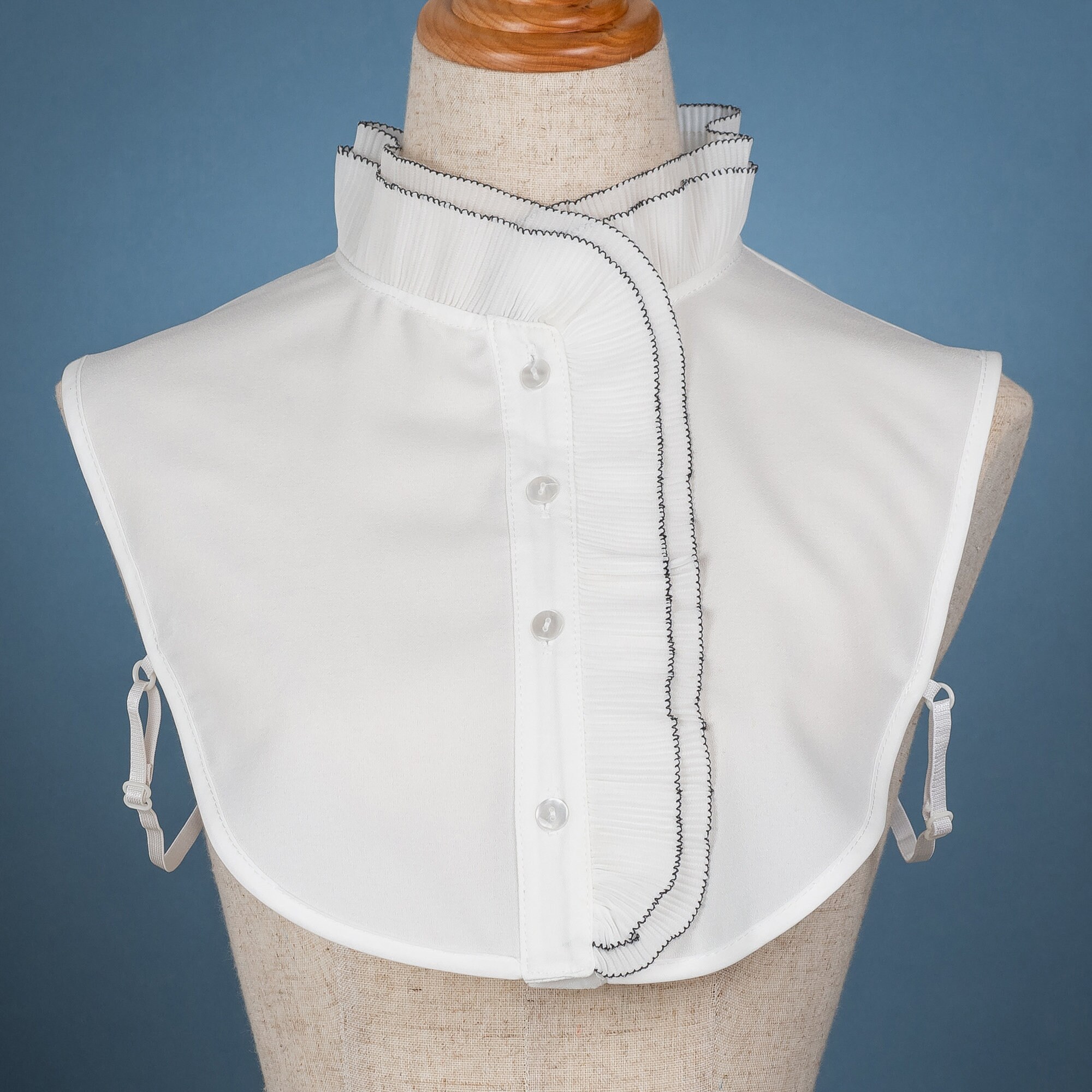 White Layered Ruffled High Neck Crepe Polyester False Collar Black Trim ...